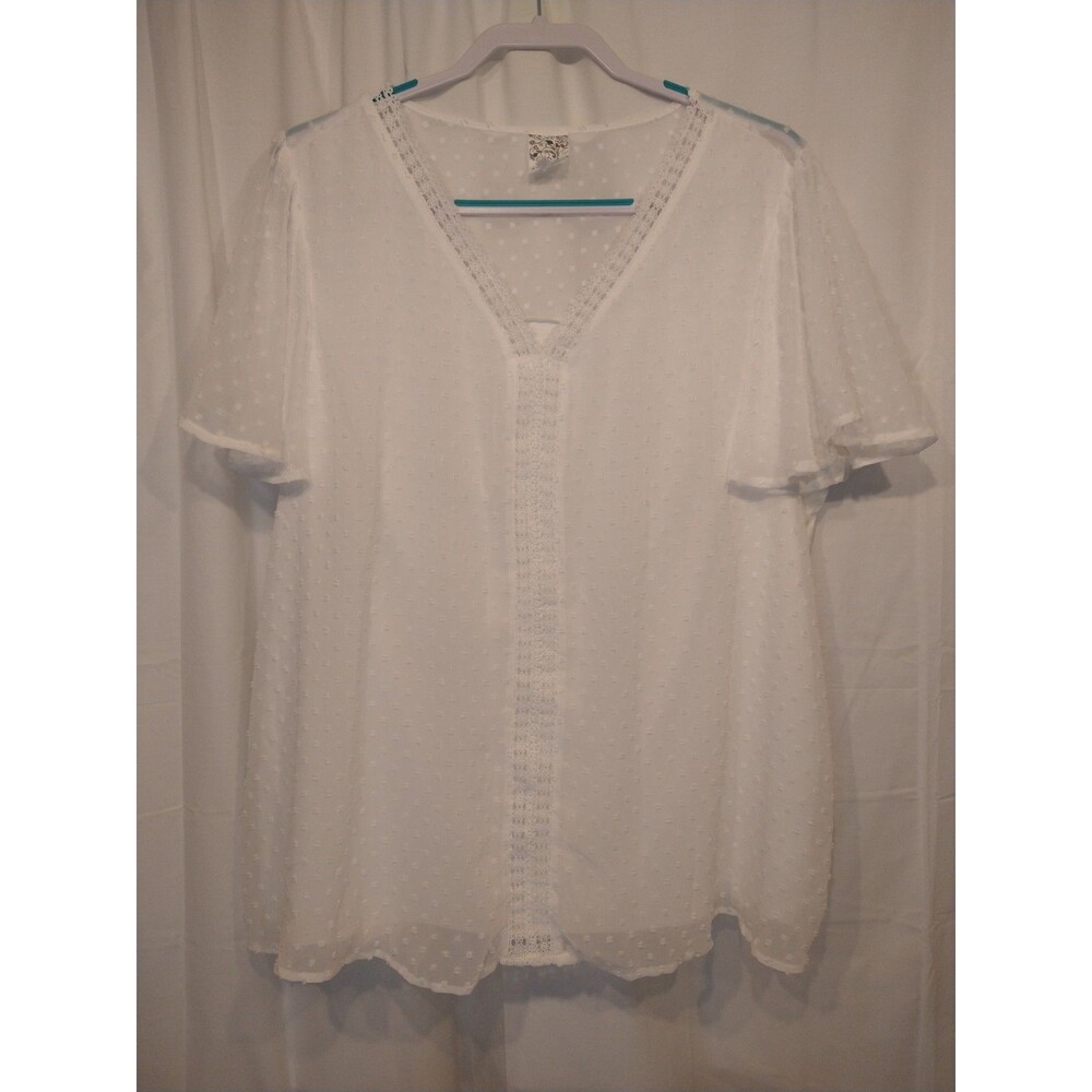 Naif Blouse 2X White on white Sheer Lined Flowy polka dot button up blouse top